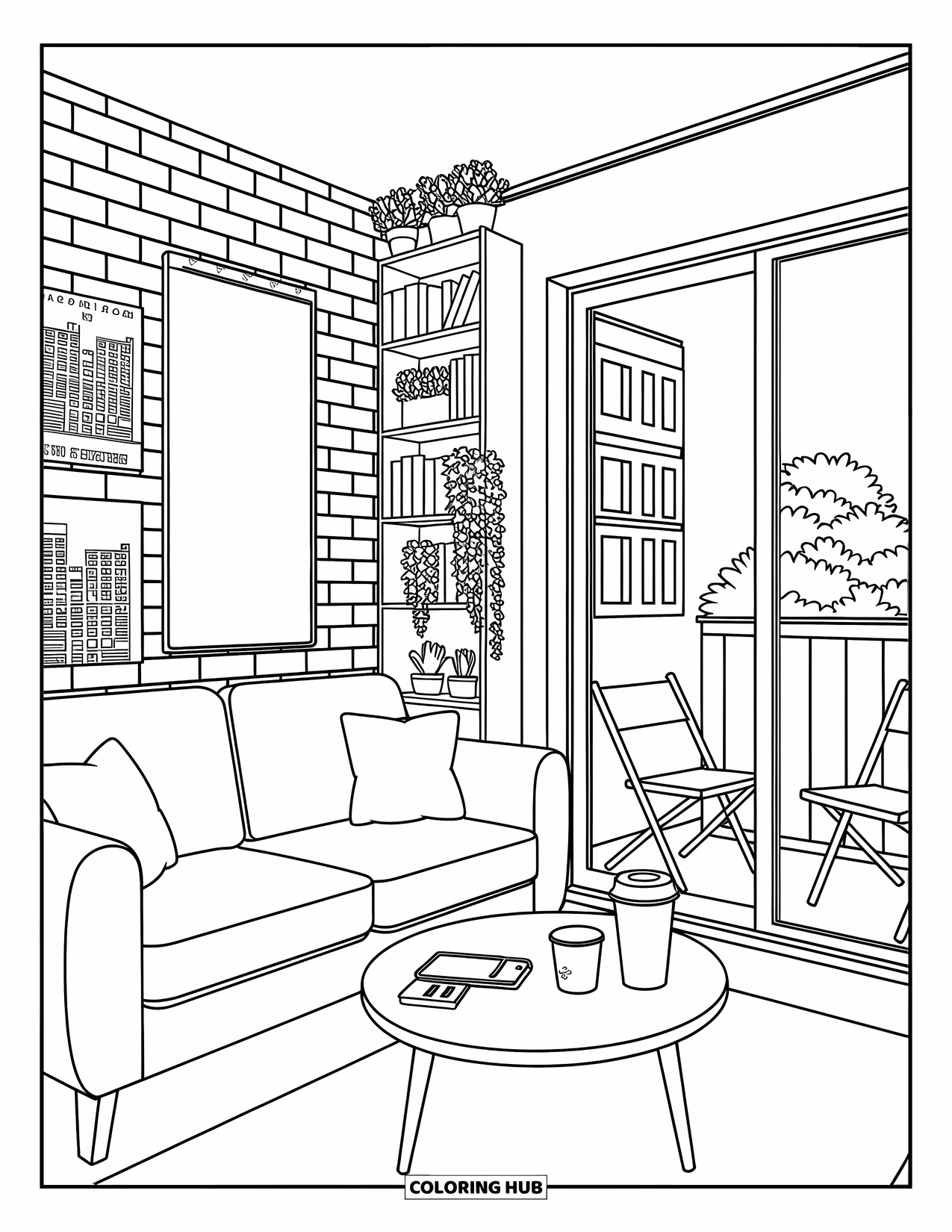 Living Room Coloring Page for Adults: Compact room with sofa, tall bookshelf, and sliding glass balcony door