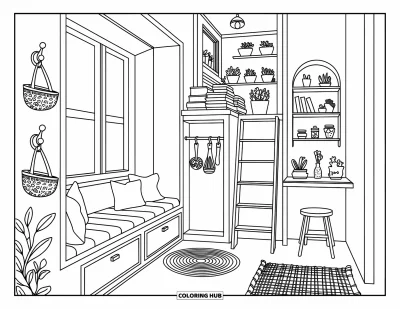 Wohnzimmer-Ausmalbild für Erwachsene: Kompaktes Zimmer mit Fensterbank, Klapptisch und Leiter zur Loftebene