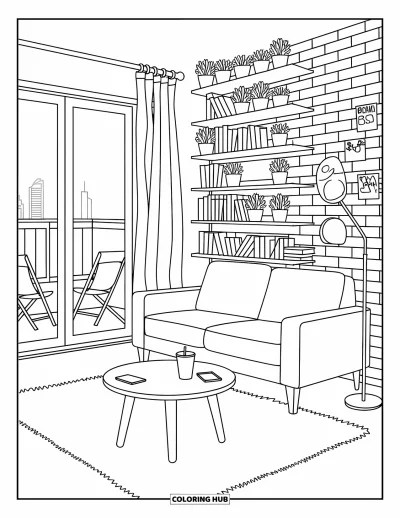 Wohnzimmer-Ausmalbild für Erwachsene: Gemütliche Nische mit Sofa, Bücherregal, Balkon und rundem Couchtisch