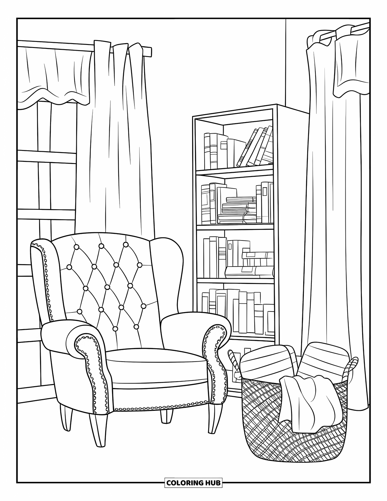 Living Room Coloring Page for Adults: Cozy nook with tufted armchair, tall bookshelf, and woven basket