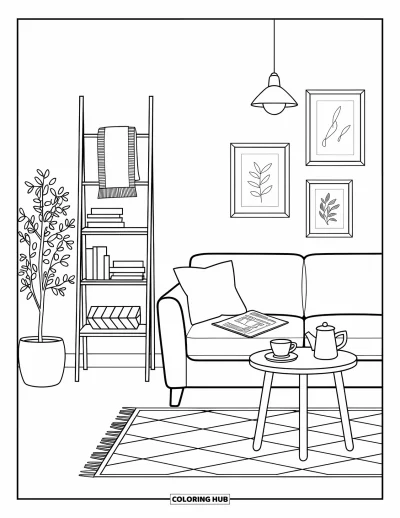 Wohnzimmer-Ausmalbild für Erwachsene: Gemütliches Zimmer mit Sofa, Pflanze, Teeservice und beruhigender Pendelleuchte