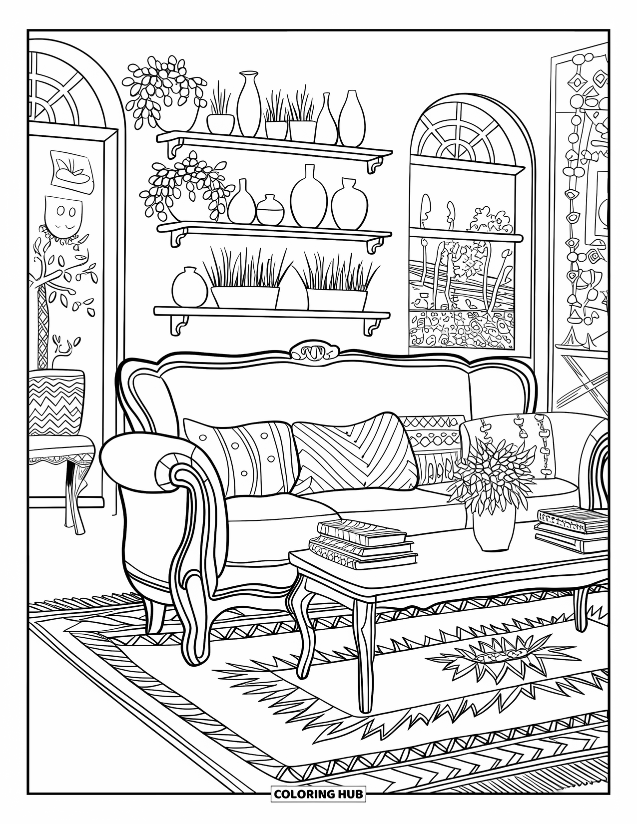 Living Room Coloring Page for Adults: Cozy room with vintage sofa, coffee table, and shelves of plants