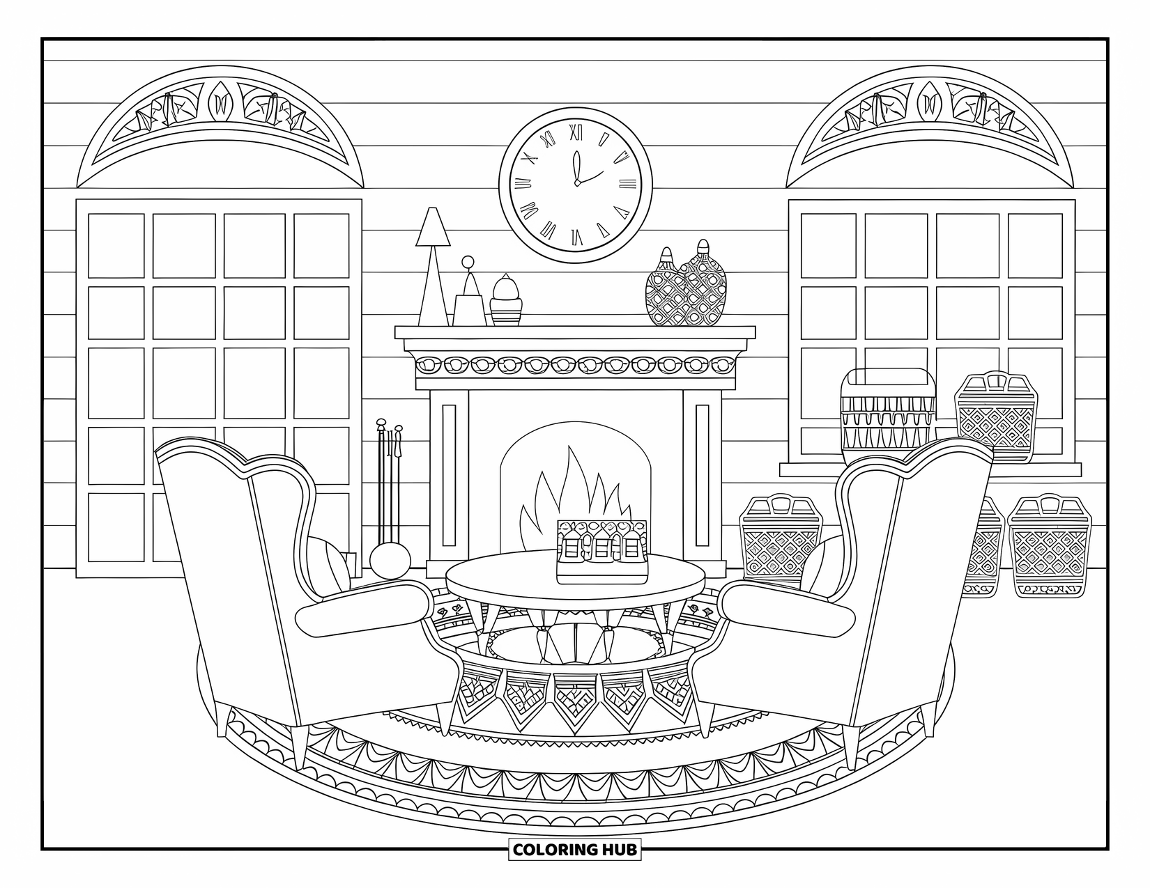 Living Room Coloring Page for Adults: Farmhouse living room with armchairs, fireplace, and rustic baskets