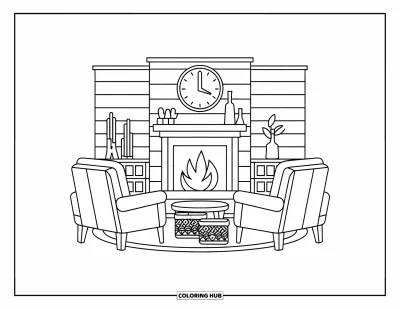 Wohnzimmer-Ausmalbild für Erwachsene: Landhaus-Wohnzimmer mit Sesseln, Kamin und Körben unter dem Tisch