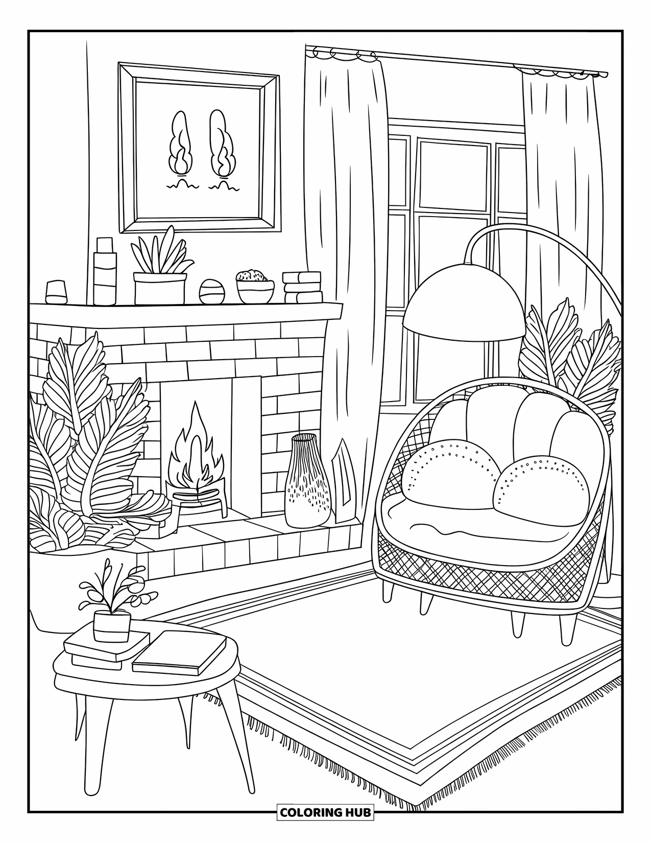 Living Room Coloring Page for Adults: Hygge-inspired nook with fireplace, chair, and potted plants