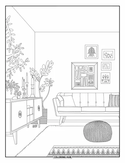 Wohnzimmer-Ausmalbild für Erwachsene: Einladendes Zimmer mit Sofa, Pouf und Bildergalerie mit gerahmter Kunst