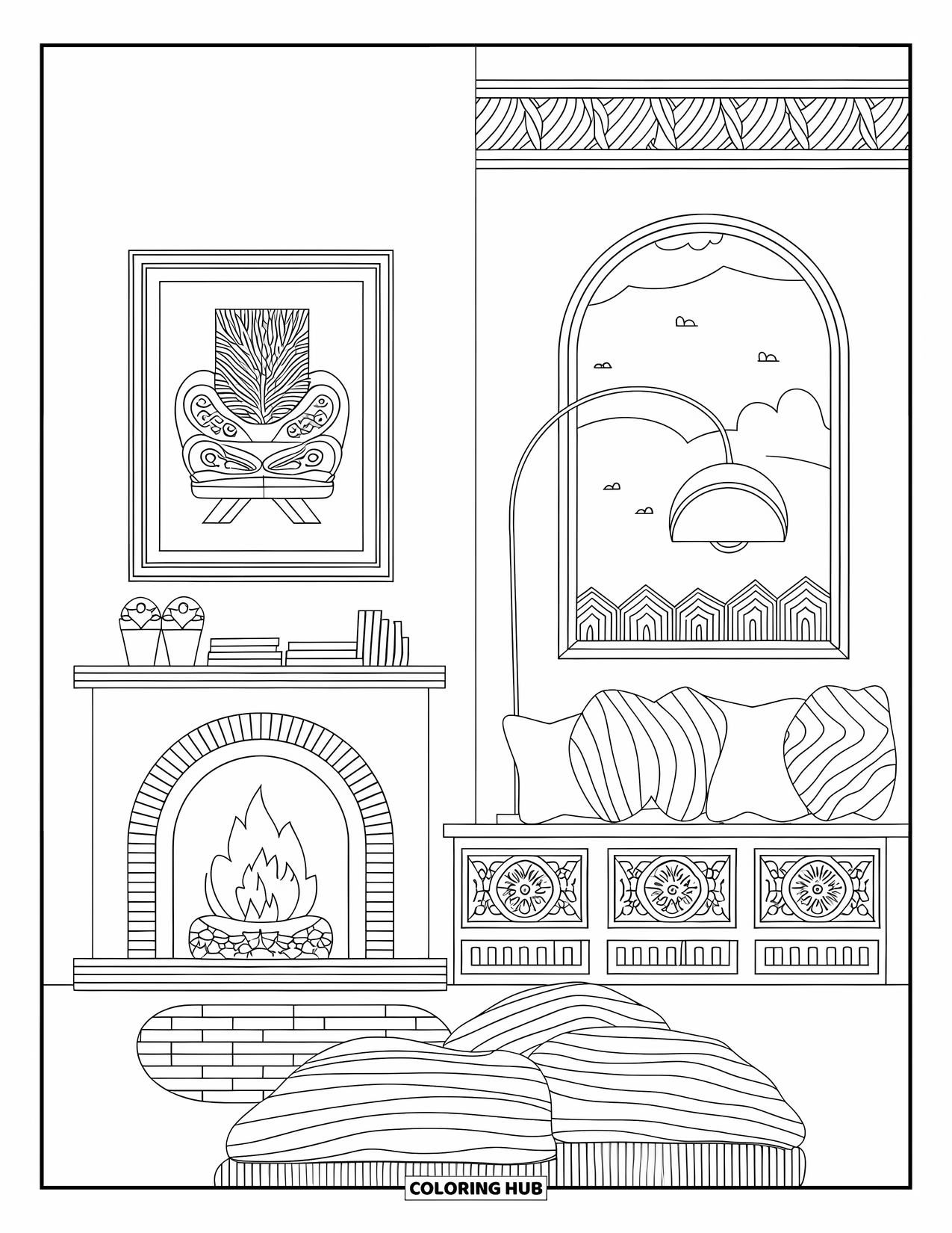 Living Room Coloring Page for Adults: Living room scene with fireplace, arched lamp, and patterned artwork