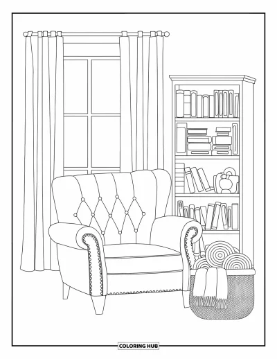 Wohnzimmer-Ausmalbild für Erwachsene: Wohnzimmer mit geknöpftem Sessel, Bücherregal und gefalteten Decken