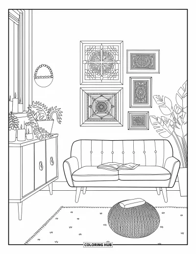 Wohnzimmer-Ausmalbild für Erwachsene: Schlichtes gemütliches Zimmer mit Sofa, Pouf und Sideboard mit Pflanzendeko