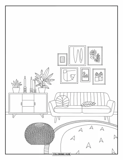 Wohnzimmer-Ausmalbild für Erwachsene: Minimalistisches Wohnzimmer mit Sofa, Sideboard, Kerzen und gestricktem Pouf