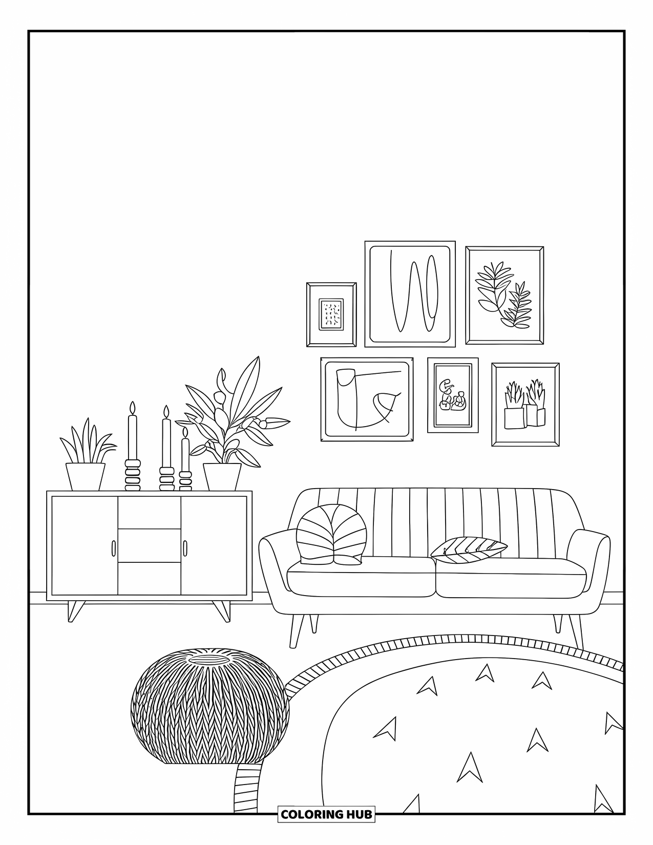 Living Room Coloring Page for Adults: Minimal living room with sofa, sideboard, candles, and a knit pouf