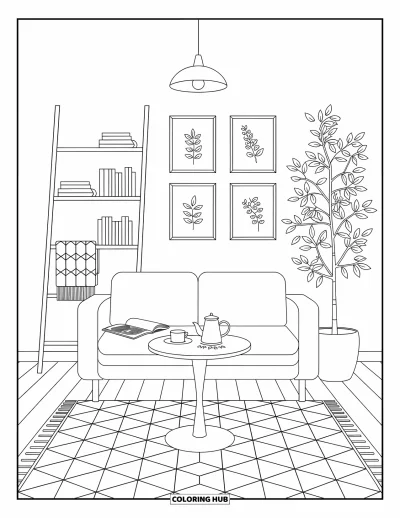Wohnzimmer-Ausmalbild für Erwachsene: Minimalistisches Interieur mit Sofa, rundem Tisch und Leiterregal