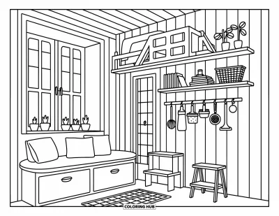 Wohnzimmer-Ausmalbild für Erwachsene: Multifunktionale Ecke mit Schubbankschubladen, Loftleiter und Wandhaken