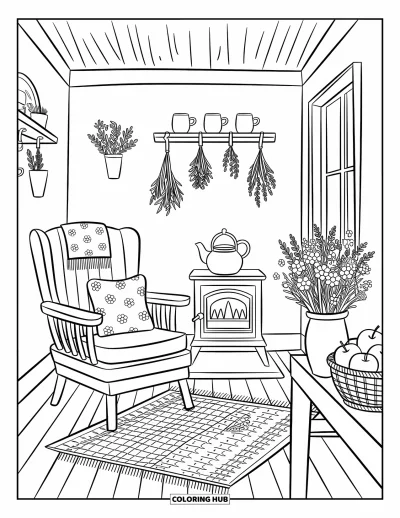 Wohnzimmer-Ausmalbild für Erwachsene: Rustikales Cottage mit geblümtem Sessel, Holzofen und hängenden Kräutern