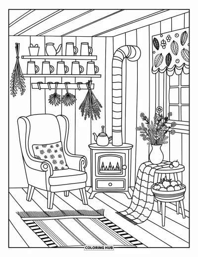 Wohnzimmer-Ausmalbild für Erwachsene: Rustikales Cottage mit Holzstuhl, Steppdecke, Ofen und Regalen mit Tassen