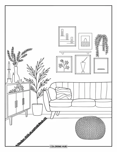 Wohnzimmer-Ausmalbild für Erwachsene: Schlichtes Wohnzimmer mit Sofa, Bildergalerie und gemütlichem Pouf auf weichem Teppich