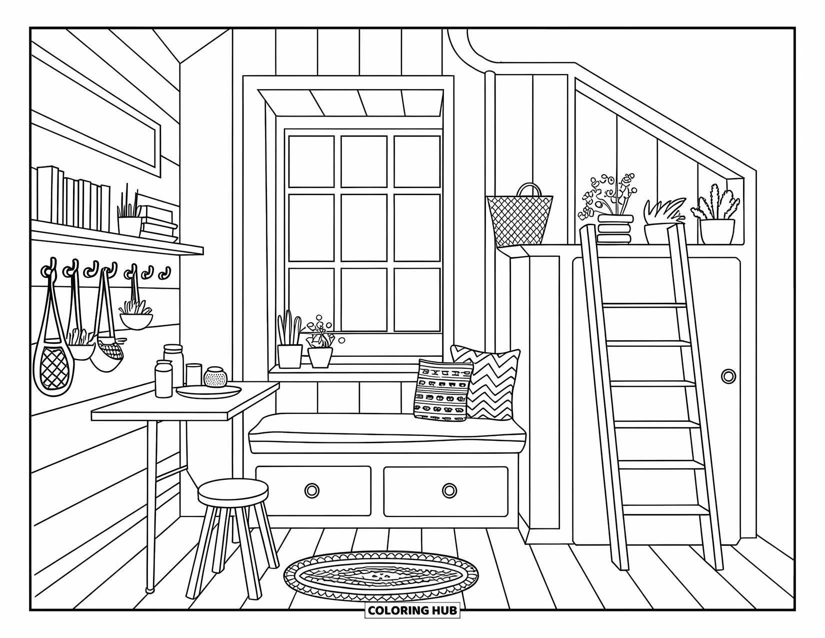 Living Room Coloring Page for Adults: Small cozy room with storage bench, folding table, and loft ladder