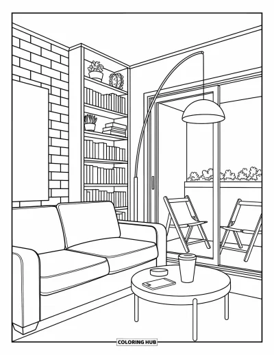 Wohnzimmer-Ausmalbild für Erwachsene: Kleines Wohnzimmer mit Backsteinwand, Sofa und Bücherregal mit Pflanzen