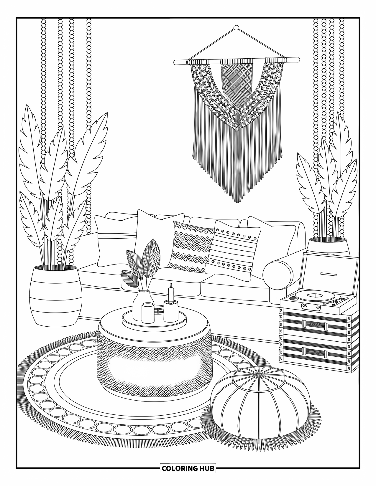 Living Room Coloring Page for Adults: Sofa with throw pillows, jute rug, and rattan table with candle