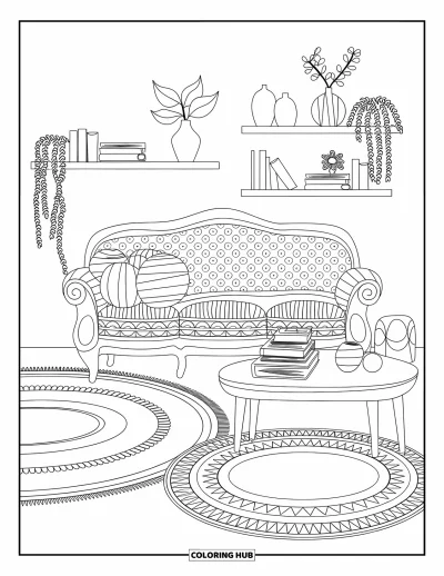 Wohnzimmer-Ausmalbild für Erwachsene: Vintage-Sofa mit geschichteten Teppichen, Couchtisch und dekorierten Regalen
