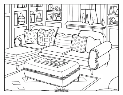 Wohnzimmer-Ausmalbild für Erwachsene: Warmes Wohnzimmer mit gemusterten Kissen, Ottomantisch und bücherreichen Regalen