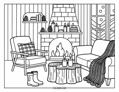Wohnzimmer-Ausmalbild für Erwachsene: Warme Holzhütte mit Sofa, Sessel und leuchtendem Kaminregal