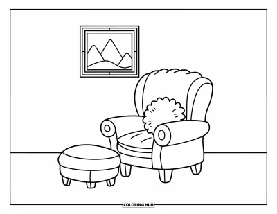 Wohnzimmer-Ausmalbild für Kinder: Sessel mit Kissen, Fußhocker und gerahmtem Bild an der Wand