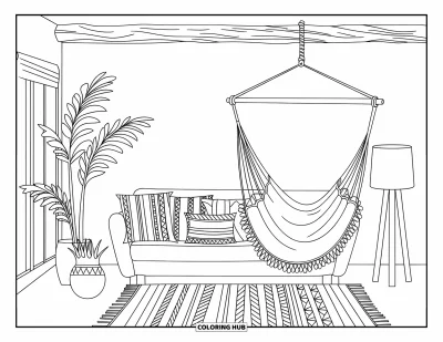 Wohnzimmer-Ausmalbild für Kinder: Boho-Wohnzimmer mit Hängematte, gemusterten Kissen und einer großen Pflanze