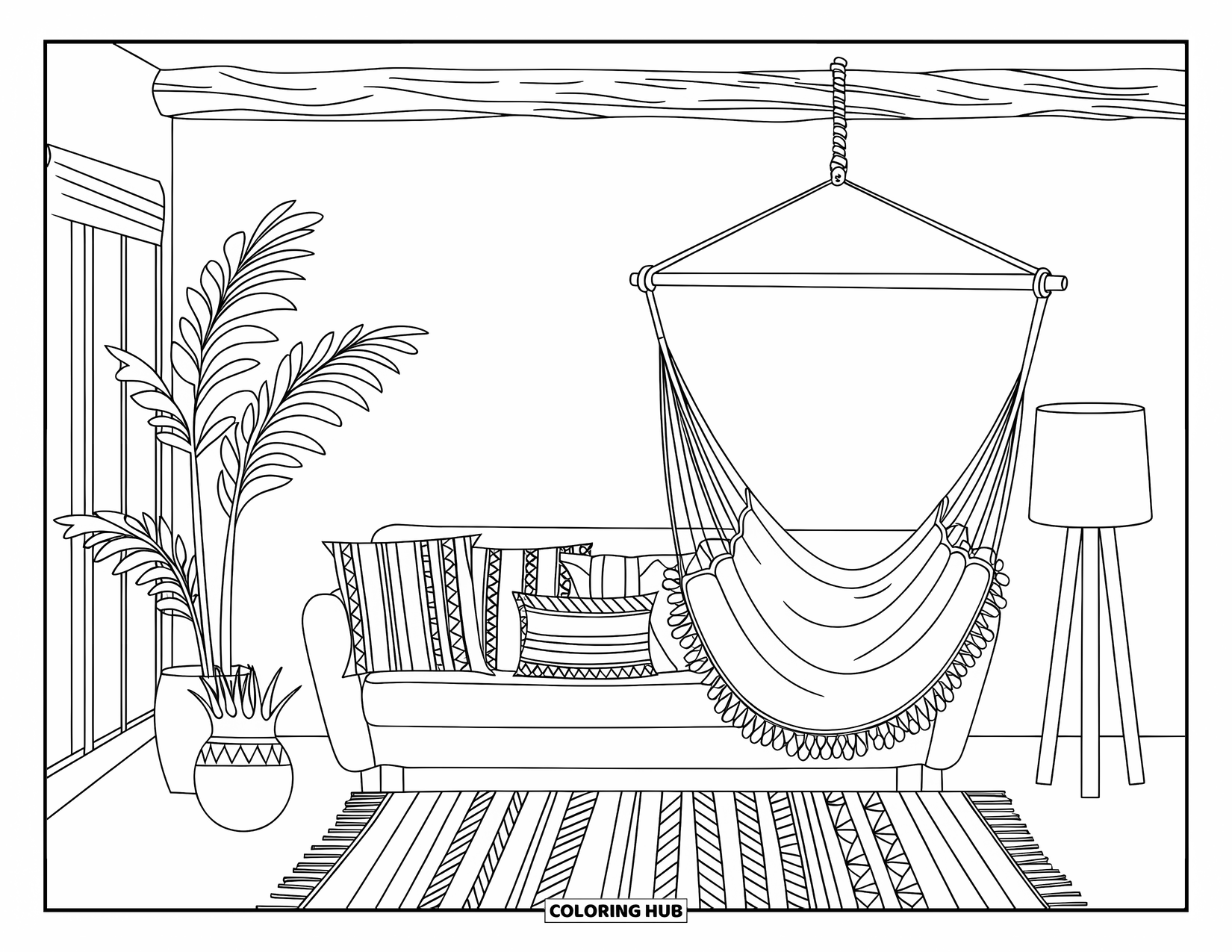 Living Room Coloring Page for Kids: Bohemian living room with hammock, patterned pillows, and a tall plant
