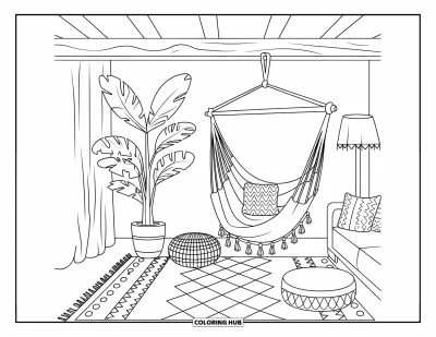Wohnzimmer-Ausmalbild für Kinder: Boho-Wohnzimmer mit Hängematte, Kissen, Teppich und Lampe