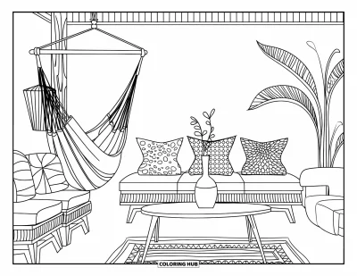 Wohnzimmer-Ausmalbild für Kinder: Boho-Zimmer mit Hängematte, Couchtisch und gemütlichen Holzdetails
