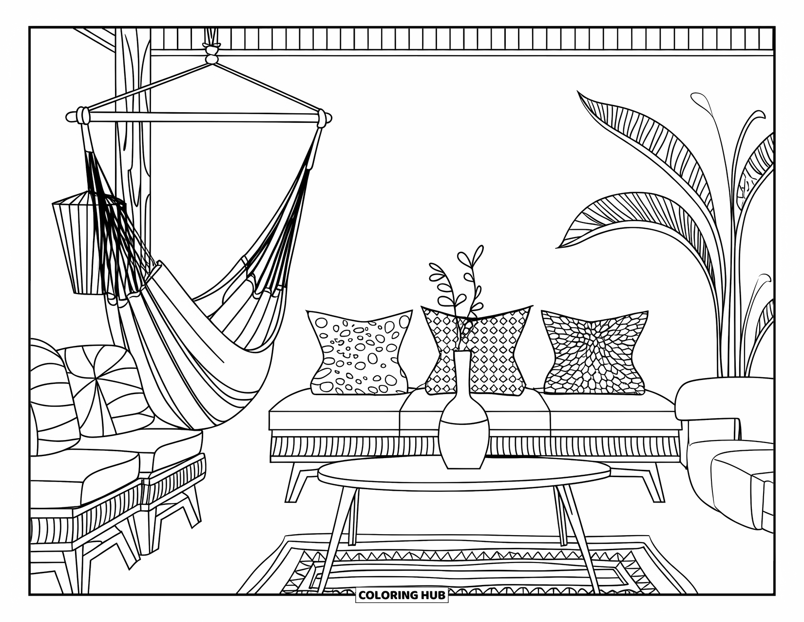 Living Room Coloring Page for Kids: Bohemian room with hammock, coffee table, and cozy wooden accents