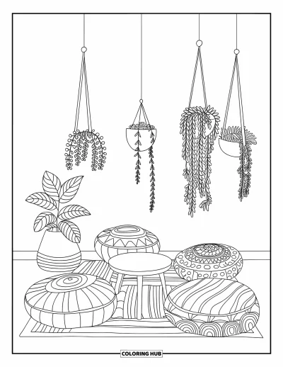 Wohnzimmer-Ausmalbild für Kinder: Boho-Wohnzimmer mit Kissen, Tisch und hängenden Pflanzen