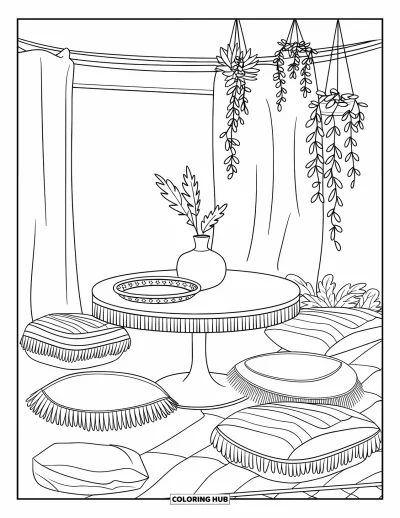 Wohnzimmer-Ausmalbild für Kinder: Boho-Wohnzimmer mit rundem Tisch, Kissen und wohnlicher Atmosphäre