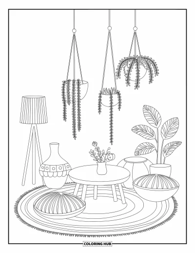 Wohnzimmer-Ausmalbild für Kinder: Boho-Zimmer mit Kissen, Teppich, Tisch und hängenden Pflanzen
