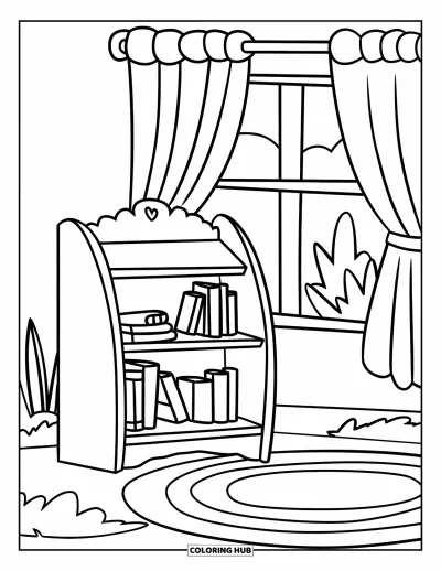 Wohnzimmer-Ausmalbild für Kinder: Bücherregal mit Büchern, Teppich und fröhlichem Einrichtungsstil