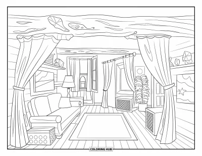Wohnzimmer-Ausmalbild für Kinder: Küstenwohnzimmer mit Sofa, Lampe, Pflanze und Fensterblick