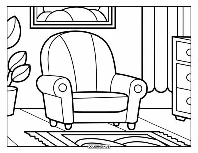 Wohnzimmer-Ausmalbild für Kinder: Gemütlicher Sessel mit Fußhocker, Teppich und gerahmtem Bild an der Wand