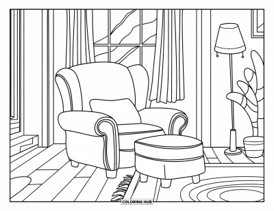 Wohnzimmer-Ausmalbild für Kinder: Gemütlicher Sessel mit Fenster, Teppich und Lampe in der Nähe