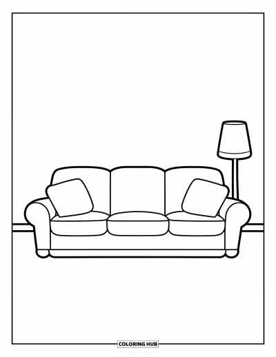 Wohnzimmer-Ausmalbild für Kinder: Gemütliches Sofa mit Kissen, Lampe und fröhlicher Stimmung