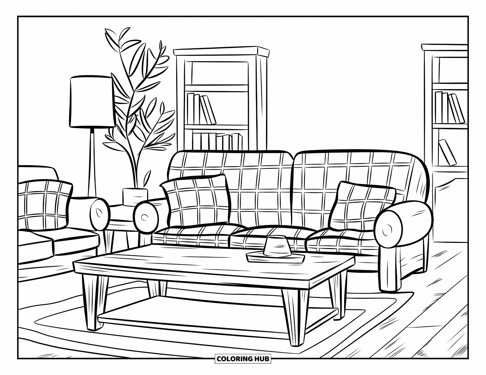 Living Room Coloring Page for Kids: Farmhouse living room with plaid couch, bookshelves, and rustic charm
