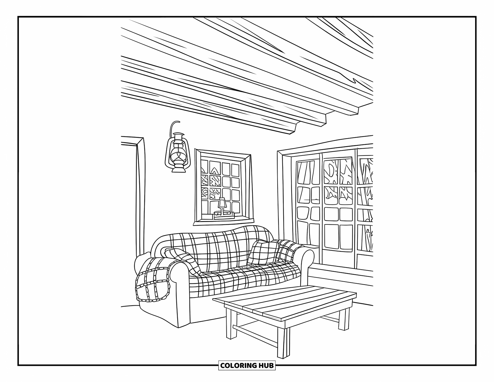 Living Room Coloring Page for Kids: Farmhouse room with plaid couch, beams, quilt, and snowy window view
