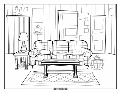 Wohnzimmer-Ausmalbild für Kinder: Landhausstil mit Karosofa, Couchtisch und schlichter Dekoration
