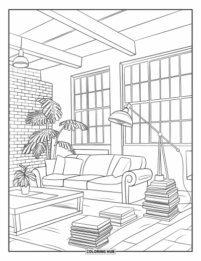 Wohnzimmer-Ausmalbild für Kinder: Industrie-Loft mit Backsteinwand, Sofa, Couchtisch und hohen Fenstern