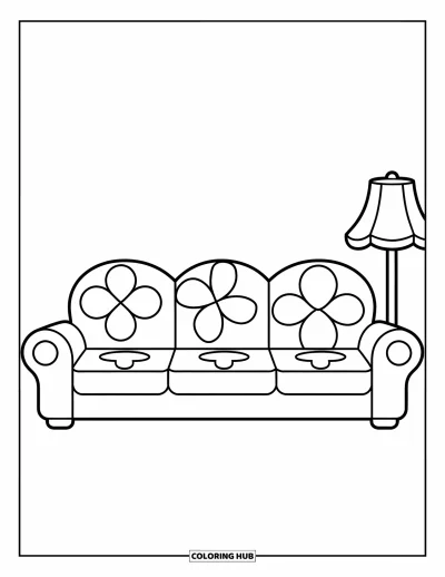 Wohnzimmer-Ausmalbild für Kinder: Kawaii-Sofa mit Kissen und einfachem, fröhlichem Design