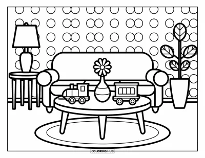 Wohnzimmer-Ausmalbild für Kinder: Kawaii-Wohnzimmer mit rundem Couchtisch, Vase und Spielzeugzug