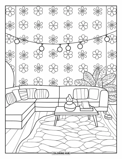 Wohnzimmer-Ausmalbild für Kinder: L-förmiges Sofa mit Kissen, Couchtisch und gemusterter Wand