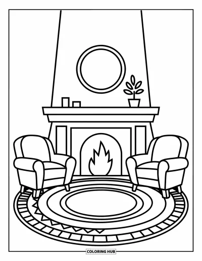 Wohnzimmer-Ausmalbild für Kinder: Wohnzimmer mit Kamin, Teppich und zwei gemütlichen Sesseln