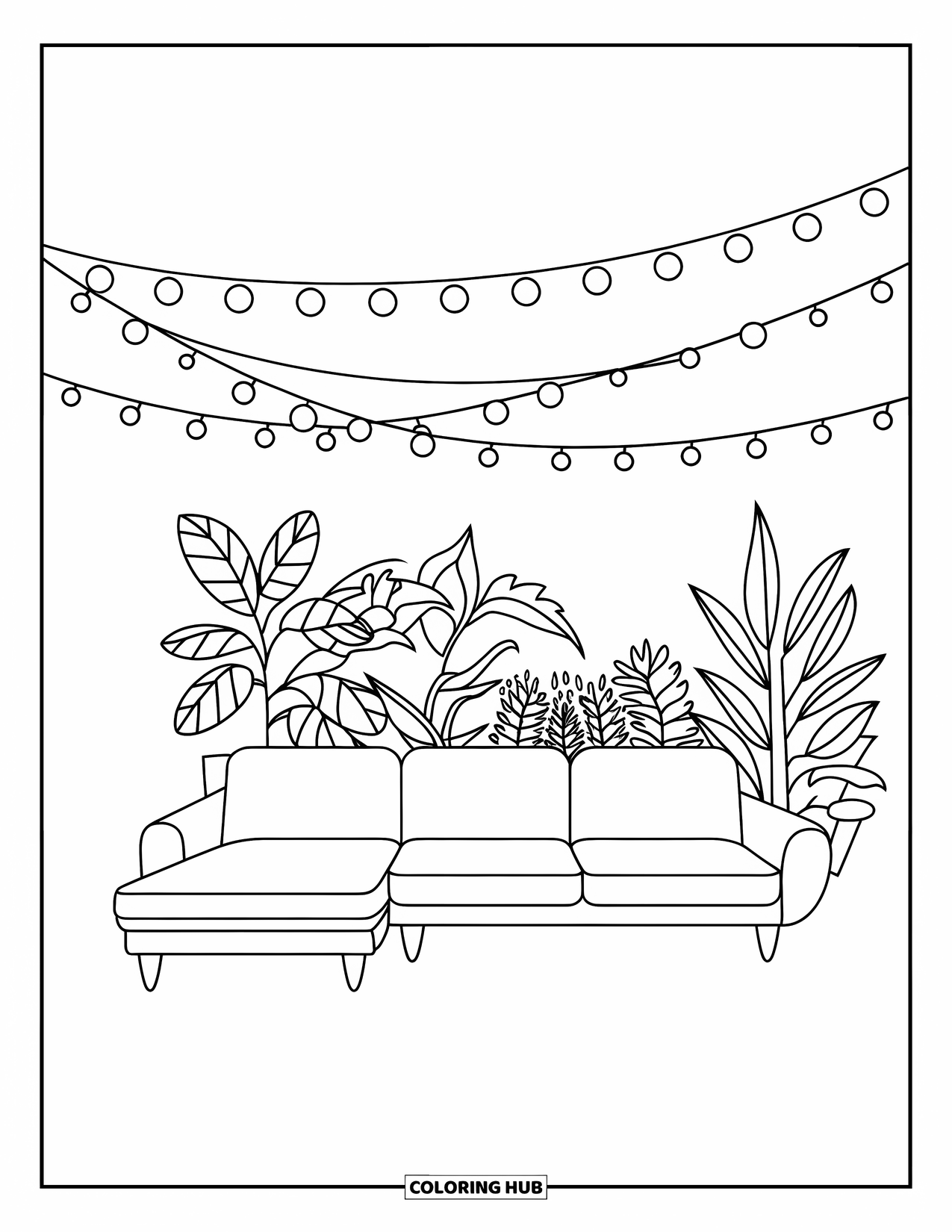 Living Room Coloring Page for Kids: Living room with L-shaped sofa, plants, and string lights above