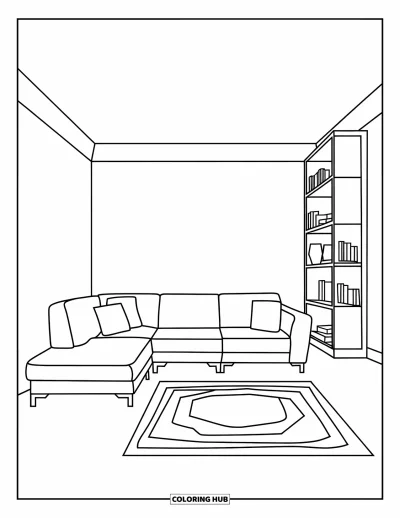 Wohnzimmer-Ausmalbild für Kinder: Modernes Wohnzimmer mit Ecksofa, Teppich und klaren Linien